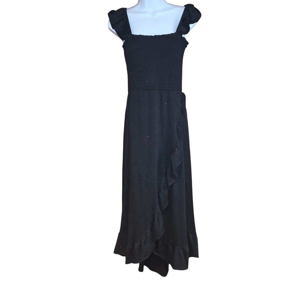 Vintage Spense 90s black cotton stretch and ruffle‎ overlay dress sz S/P
